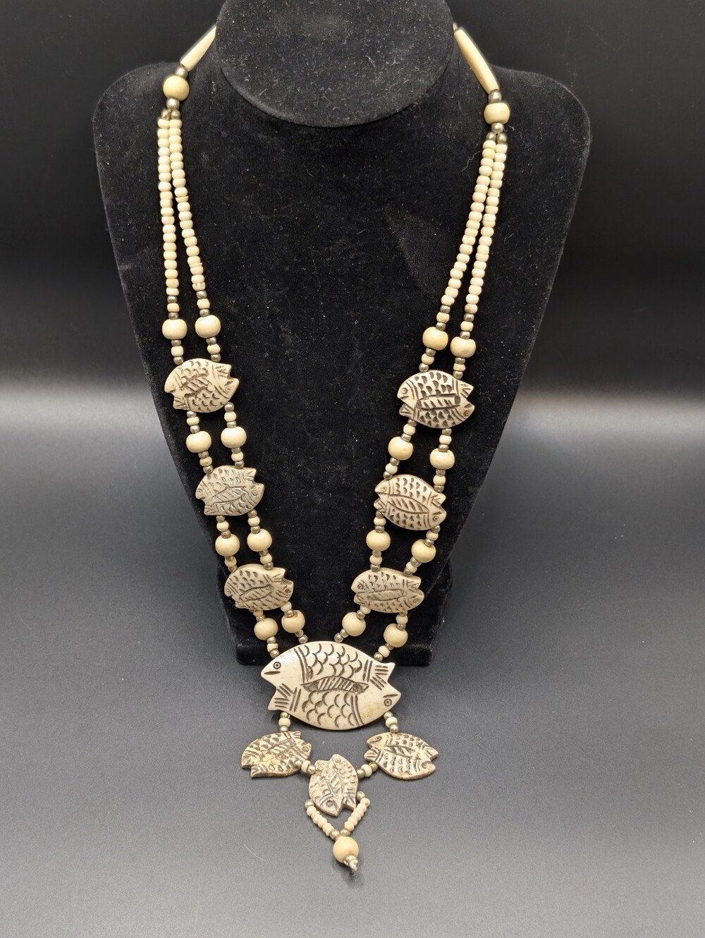 Carved Bone Fish Pendant Beaded Necklace - Women Jewelry